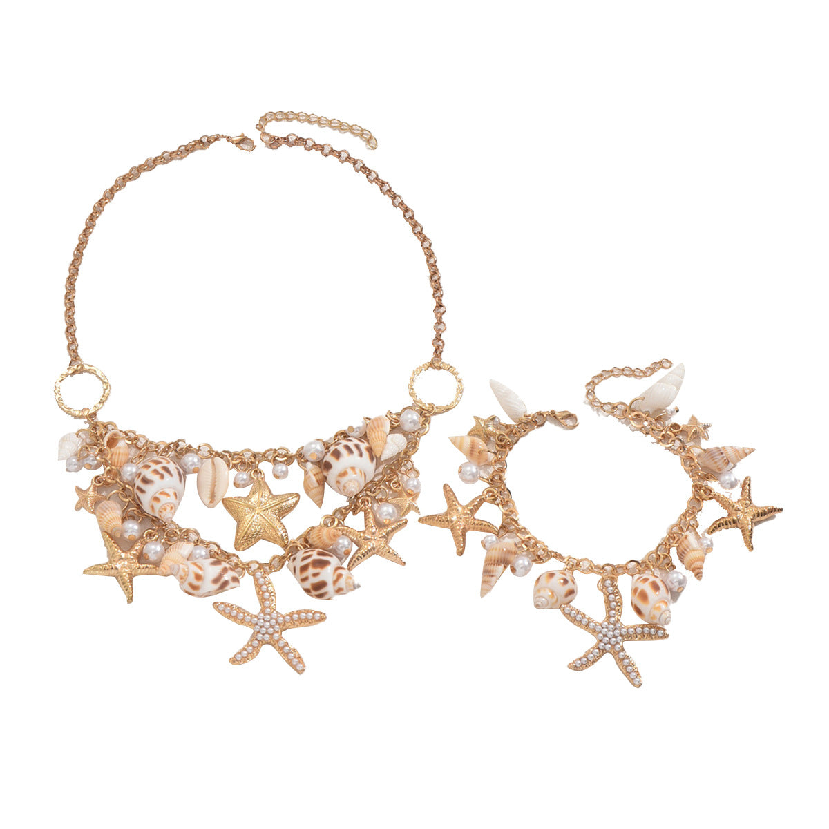 Conjunto de collar y pulsera para mujer inspirados en el océano con colgante de estrella de mar y concha marina, incrustaciones de perlas, cadena de aleación, joyería temática natural