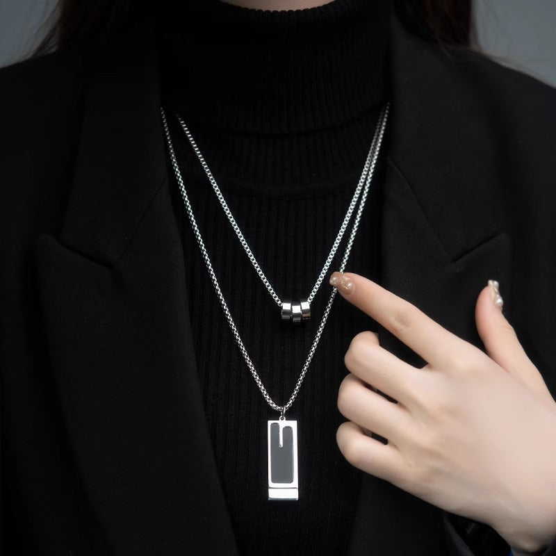 Minimalist Geometric Titanium Steel Double-Layer Pendant Necklace for Women and Men with Polished Finish and Chic Long Sweater Chain Design