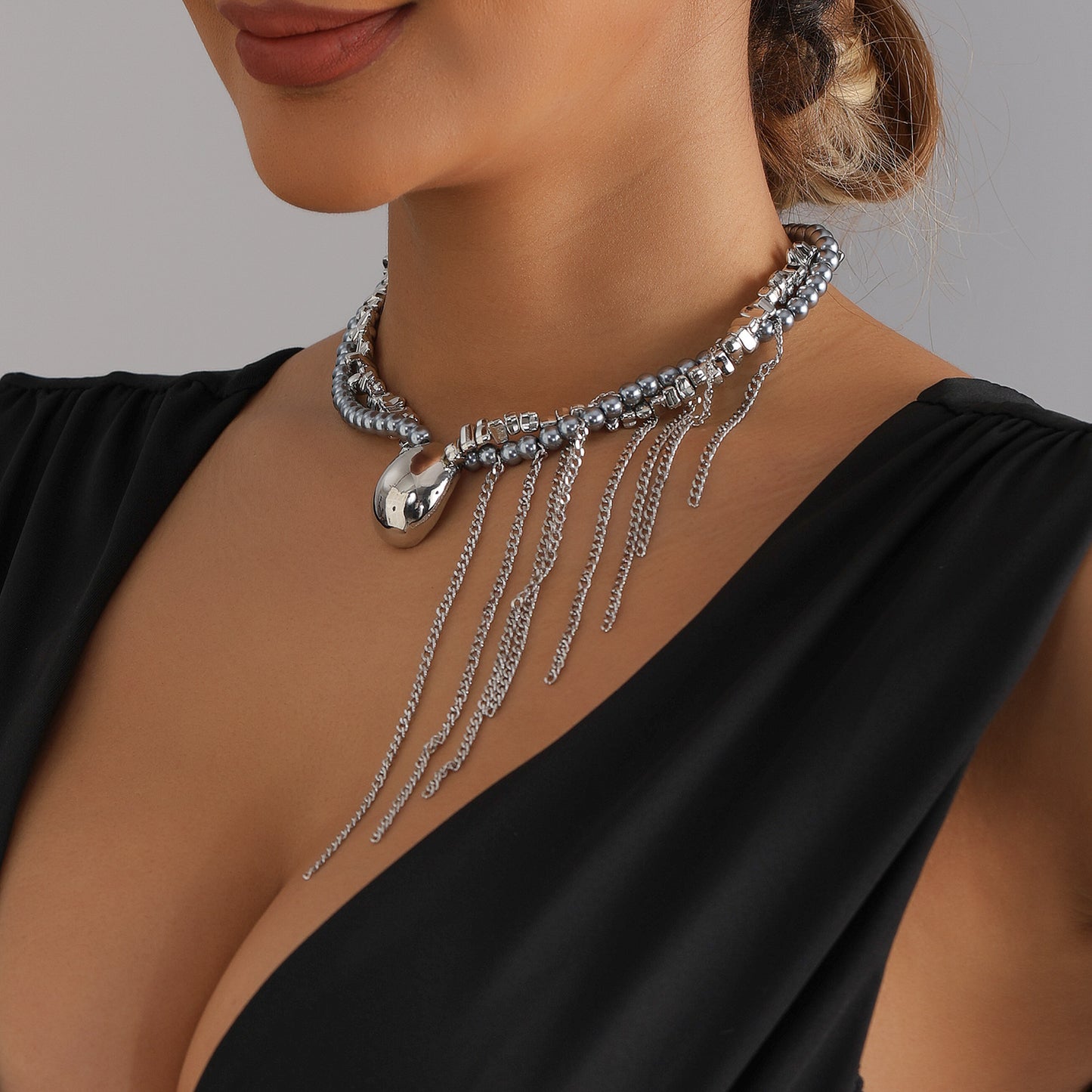 Minimalist Geometric Oval Alloy Plated Ball Chain Necklace with Tassel Multi-Layer Statement Piece for Women