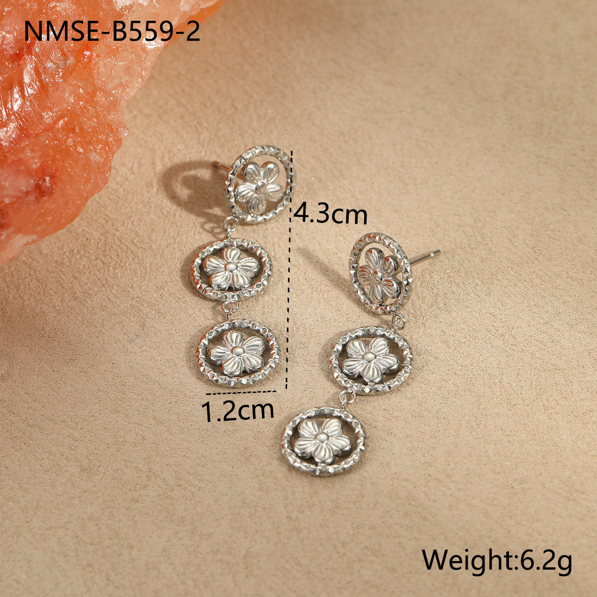 Pendientes largos de acero inoxidable con diseño geométrico y flor, chapados en oro de 18 quilates para mujer