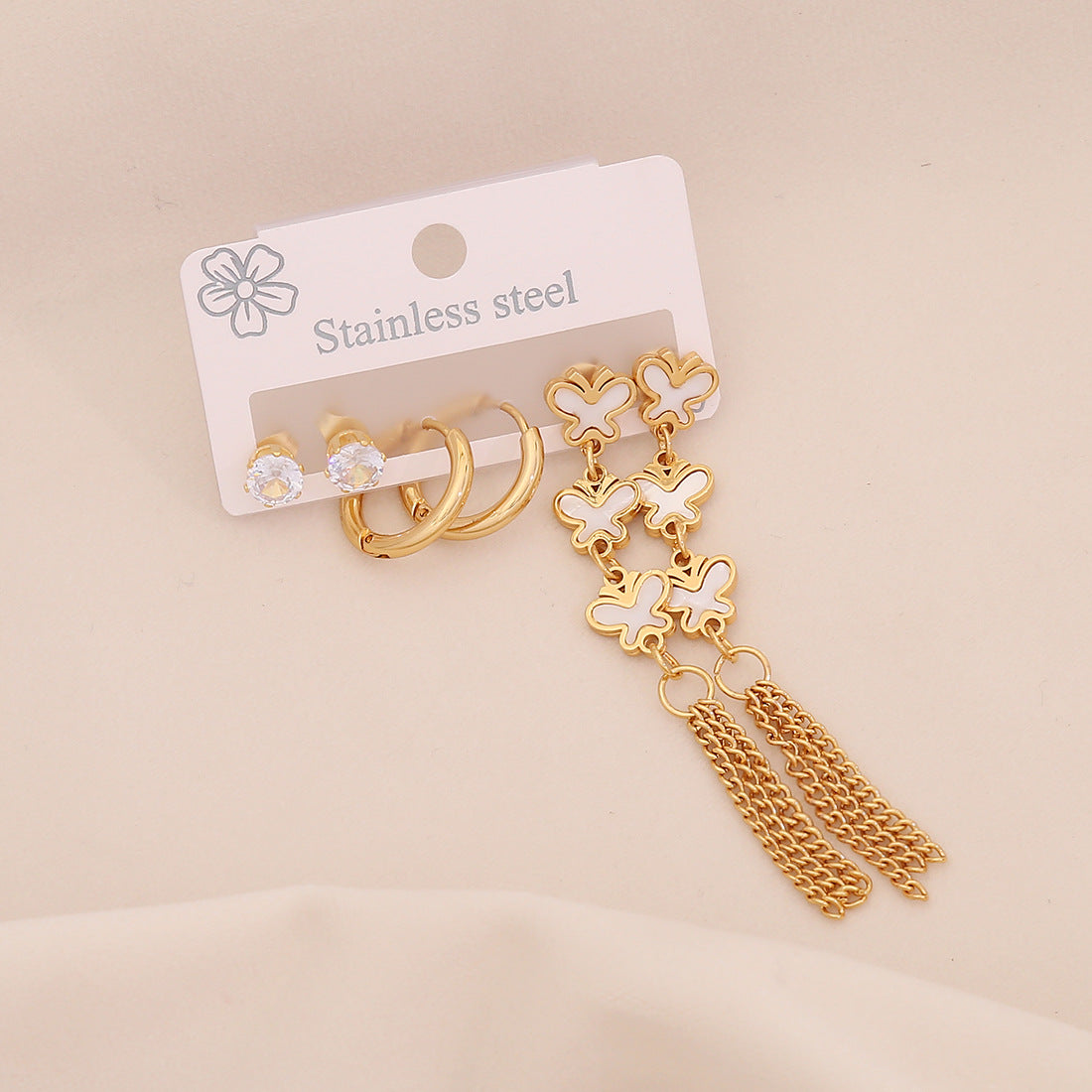 Fashionable OL Style Heart-Shaped Titanium Steel Earrings Set with Electroplated Finish and Floral Six-Petal Flower Design for Women