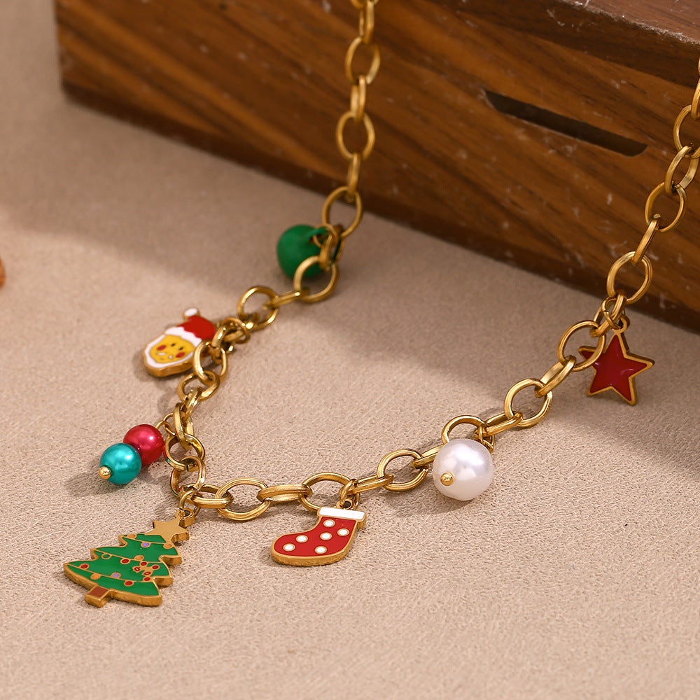 Collana con Ciondolo Albero di Natale Carino Cartone Animato da Donna Acciaio Inossidabile con Placcatura Oro 18K Catena Fatta a Mano