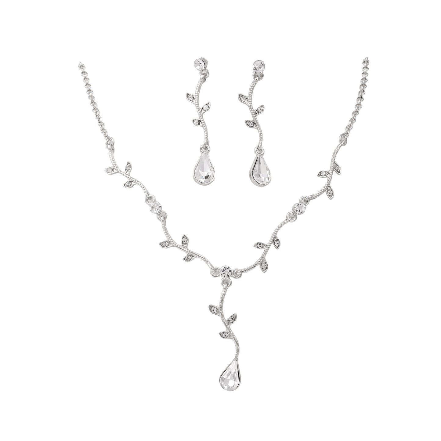 Minimalist Leaf and Teardrop Pendant Necklace Set with Rhinestone Inlay, Alloy Base, Plated Finish, O-Chain, for Women