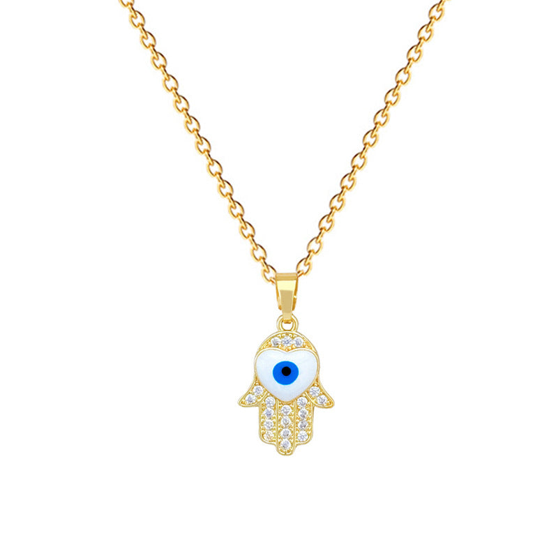 Sweet Elegant Geometric Cartoon Hand Eye Drip Oil Rhinestone Pendant Necklace Titanium Steel Cable Chain Unisex