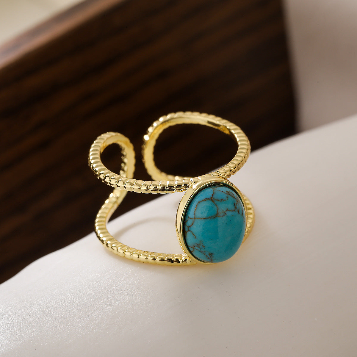Minimalist Geometric Open Ring for Women in Brass with 18K Gold Plating and Turquoise Inlay