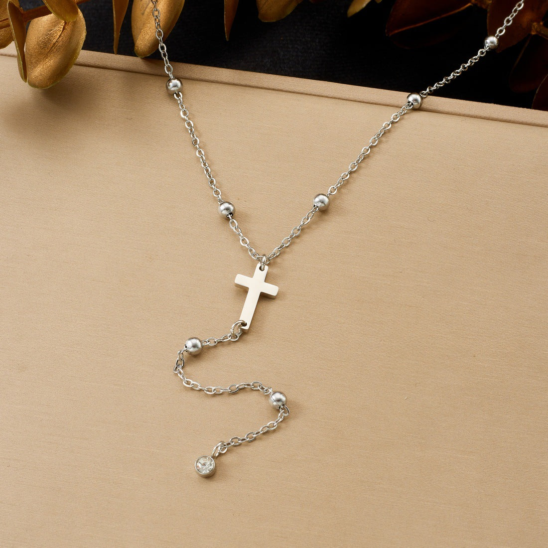 Minimalist Gold Plated Cross Stainless Steel Pendant Necklace with Tassel Ball Chain for Women