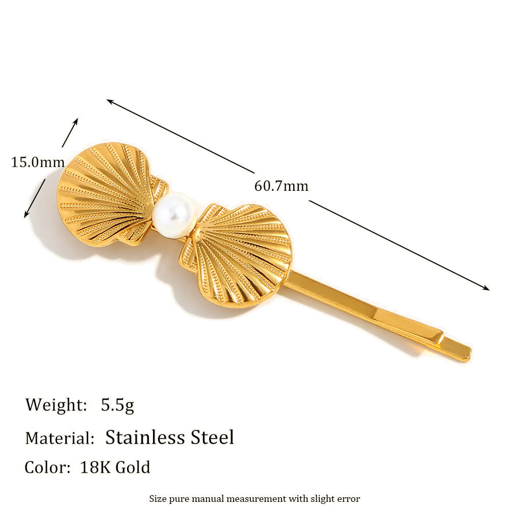 Fashionable Minimalist Starfish and Scallop Hair Clip for Women in Stainless Steel with 18K Gold Plating