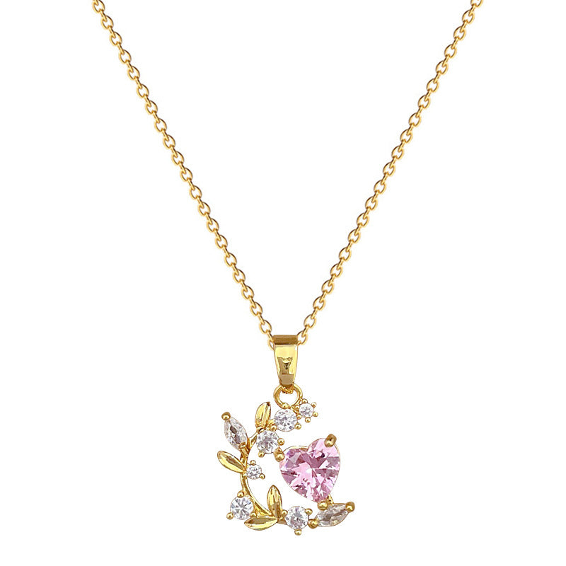Collana con catena a collare elegante di lusso in acciaio al titanio con zircone a foglia di cuore per unisex