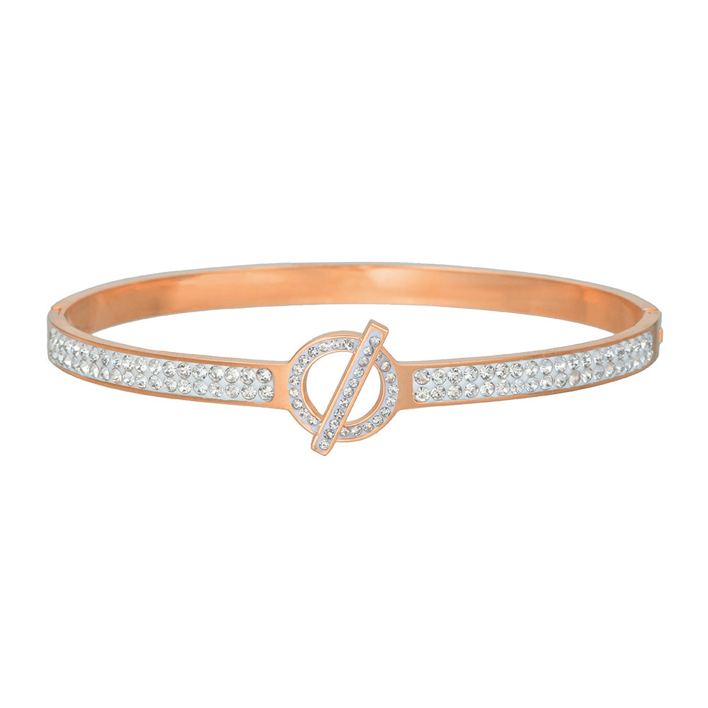 Minimalist Geometric Round Titanium Steel Plated Rhinestone Open Cuff Bracelet for Women