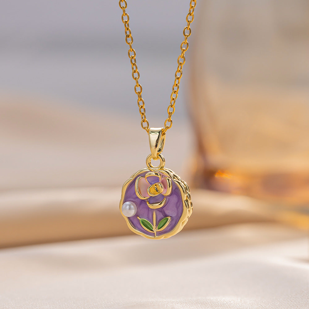 Elegant Floral Enamel Pendant Necklace for Women with Copper Charm and Titanium Steel O-Chain