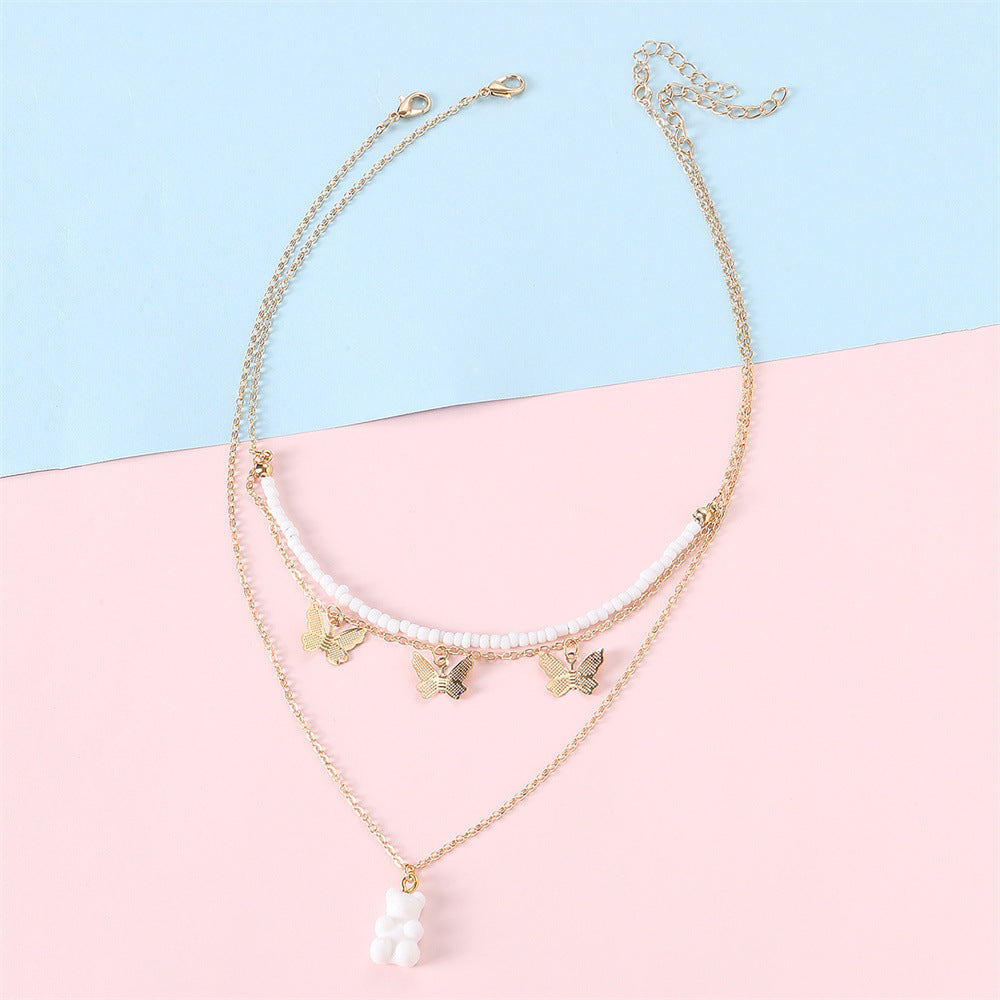 Conjunto de collar con colgante de oso lindo para niños en cuentas rosas con material de resina y estilo de cadena de placa retorcida