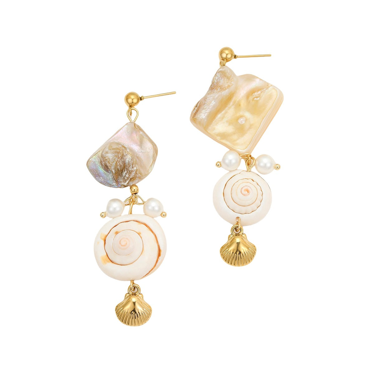 Pendientes colgantes de concha y perlas estilo vacaciones para mujer en acero inoxidable con acabado chapado