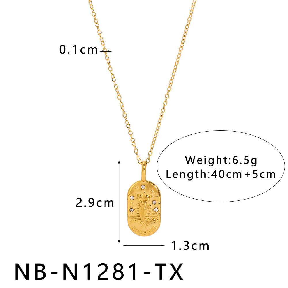Minimalist Square Zodiac Pendant Necklace in Stainless Steel with Rhinestone Inlay and 18K Vacuum Plating for Women