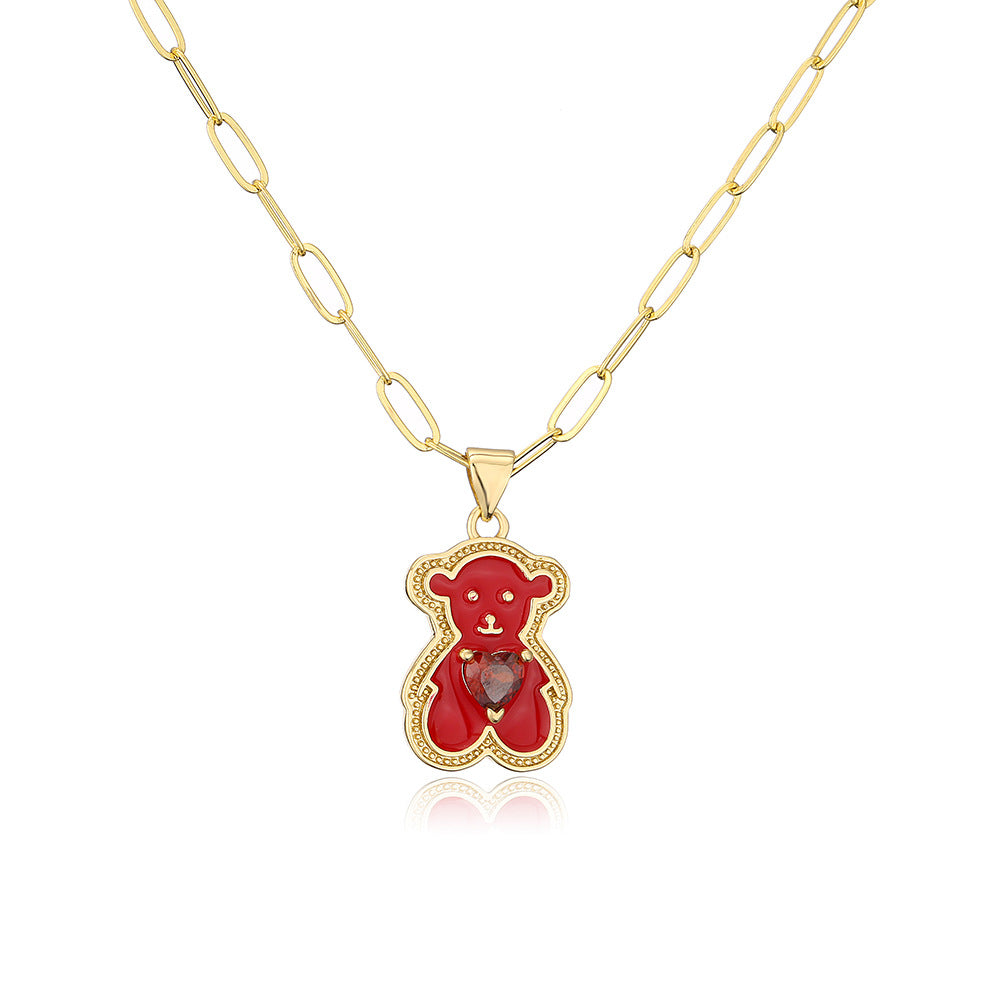 Minimalist Heart-Shaped Bear Pendant Necklace for Women with Copper Base Plated in 18K Gold and Enamel Finish Featuring Cubic Zirconia Accents