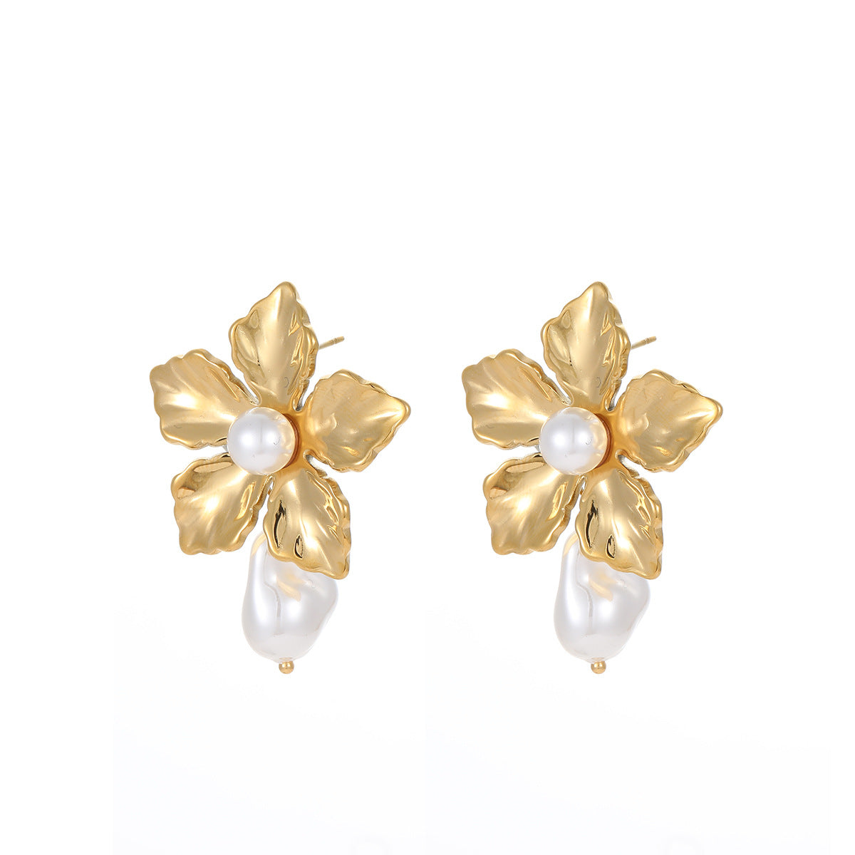 Vintage Baroque Floral Pearl Earrings in Stainless Steel with 18K Gold Plating for Women