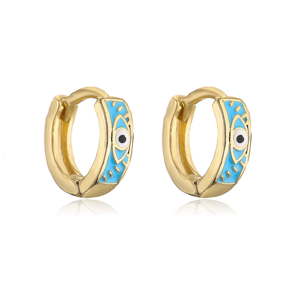 Minimalist Geometric Copper Earrings with Real Gold Plating and Enamel Eye Detail