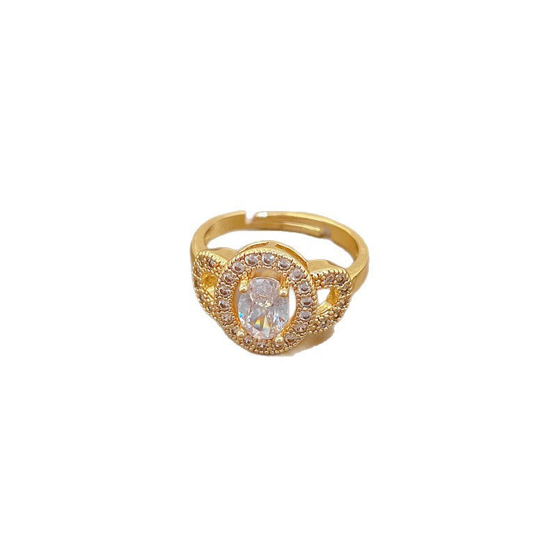 Minimalist Sweet Gold Plated Oval Rhinestone Adjustable Ring for Women