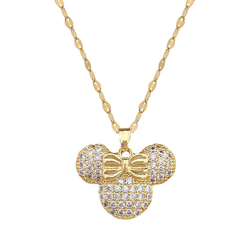 Luxury Sweet Geometric Rhinestone Mouse Pendant Necklace in Titanium Steel Chain
