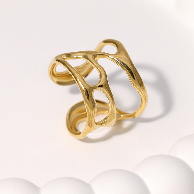 Anillo Abierto Asimétrico Irregular de Acero y Titanio Geométrico Minimalista para Mujer con Acabado Chapado