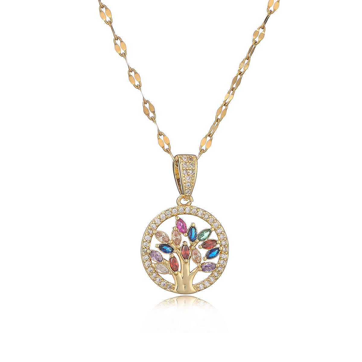 Minimalist Geometric Tree of Life Pendant Necklace for Women in Brass with Real Gold Plating and Zircon Inlay