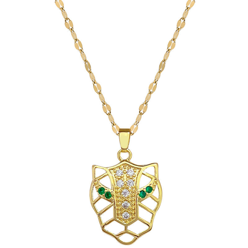 Luxury Leopard Head Pendant Necklace for Women Stainless Steel Snake Chain with Rhinestone Accents Geometric Design