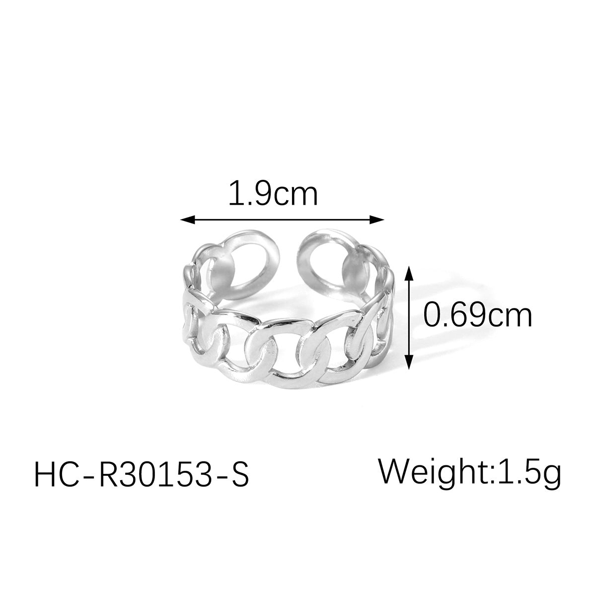 Anello aperto geometrico d'ispirazione per donna in acciaio inossidabile con finitura placcata e dettaglio a catena