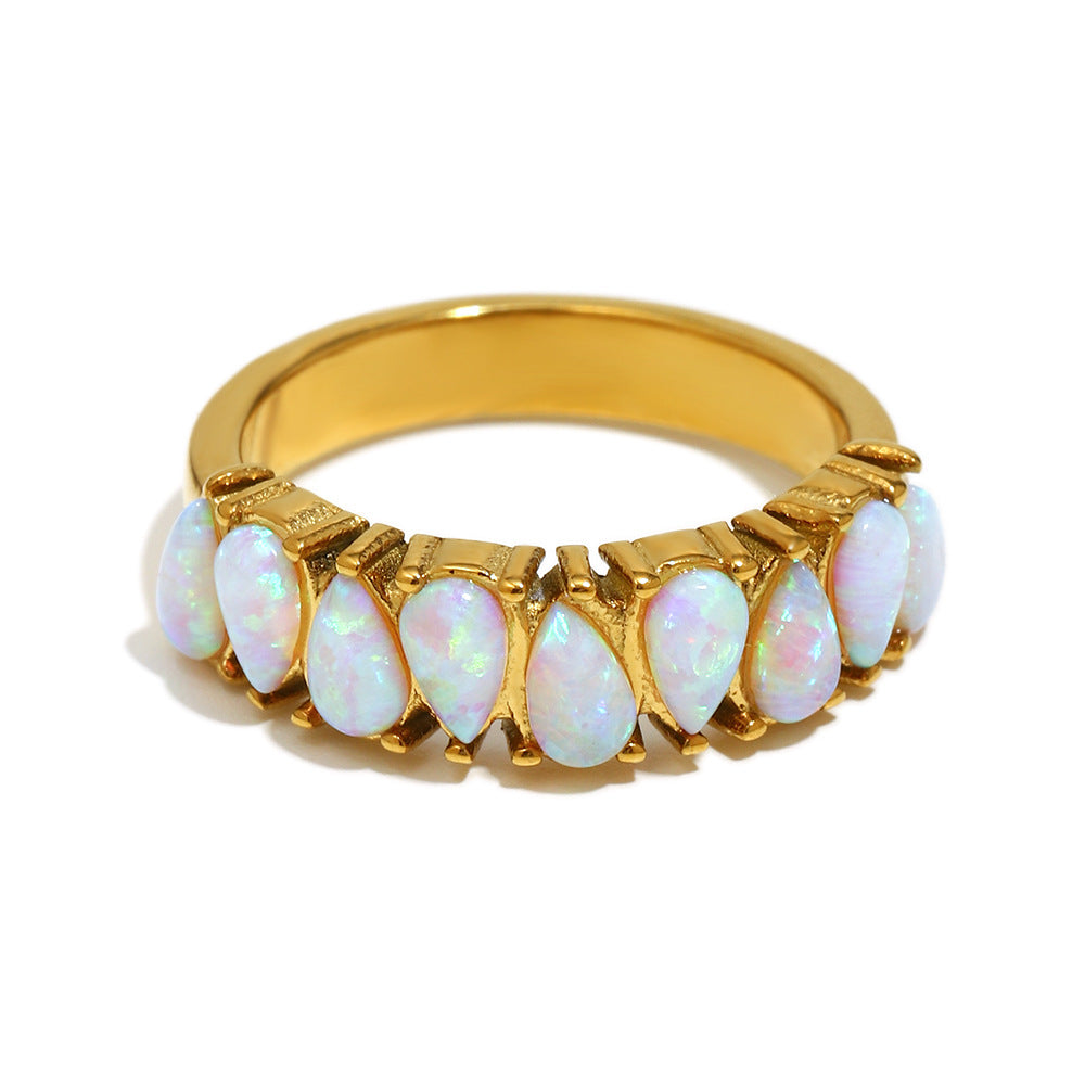 Anello da donna minimalista geometrico in acciaio inossidabile placcato oro 18 carati di lusso con opale australiano