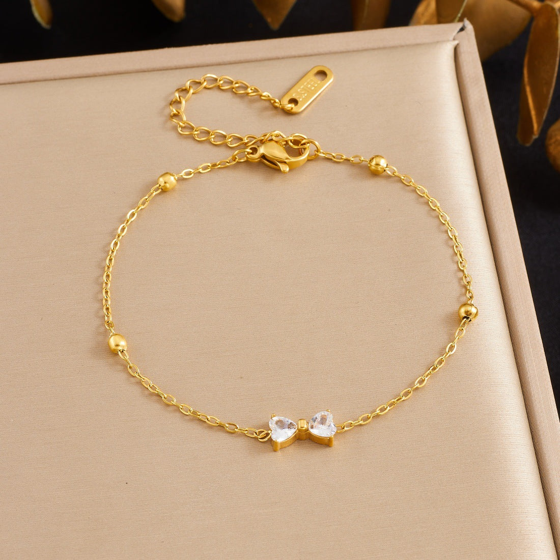Minimalist Gold Plated Stainless Steel Rhinestone Bow Pendant Necklace and Earring Set for Women
