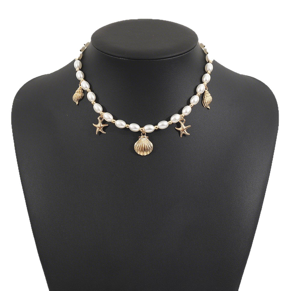 Collar con colgante de conchas marinas y estrellas de mar estilo vacaciones con perlas de imitación en cadena de perlas para mujer