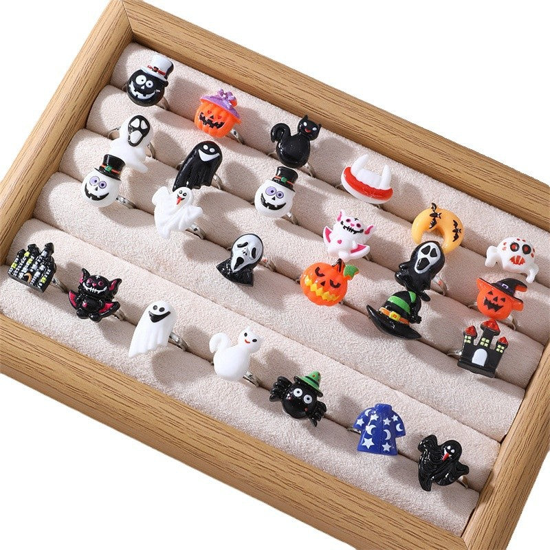 Juego de anillos infantiles con temática de Halloween, con diseños de calabaza, calavera y fantasma, anillos de plástico de resina para niñas de 6 a 10 años