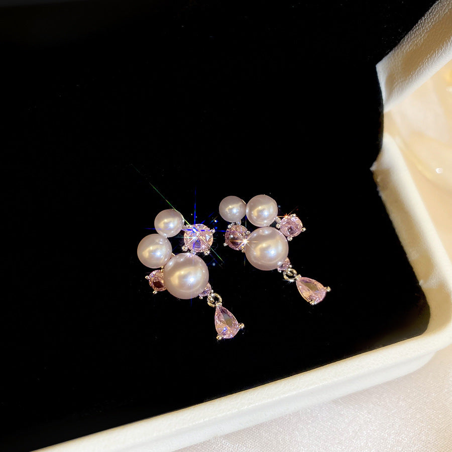 Pendientes de tuerca elegantes vintage con perlas de imitación en forma de gota de agua con incrustaciones de circonitas para mujer