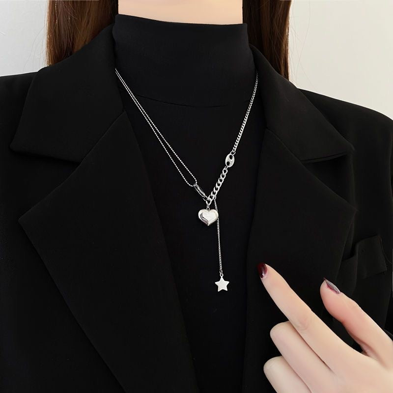 Hip-hop Titanium Steel Heart Star Pendant Necklace with Tassel for Women
