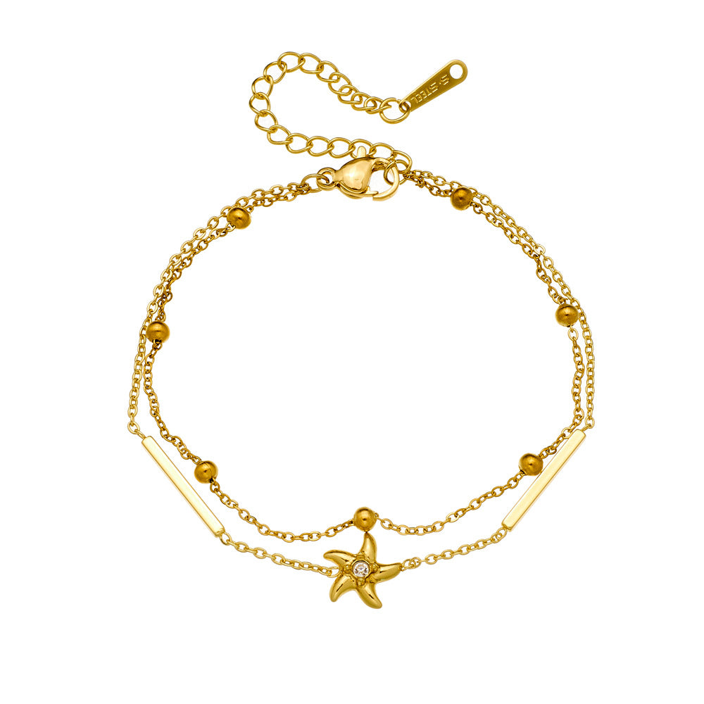 Fashion Elegant Star Rhinestone Gold Plated Stainless Steel Irregular Layered Bracelet for Women
