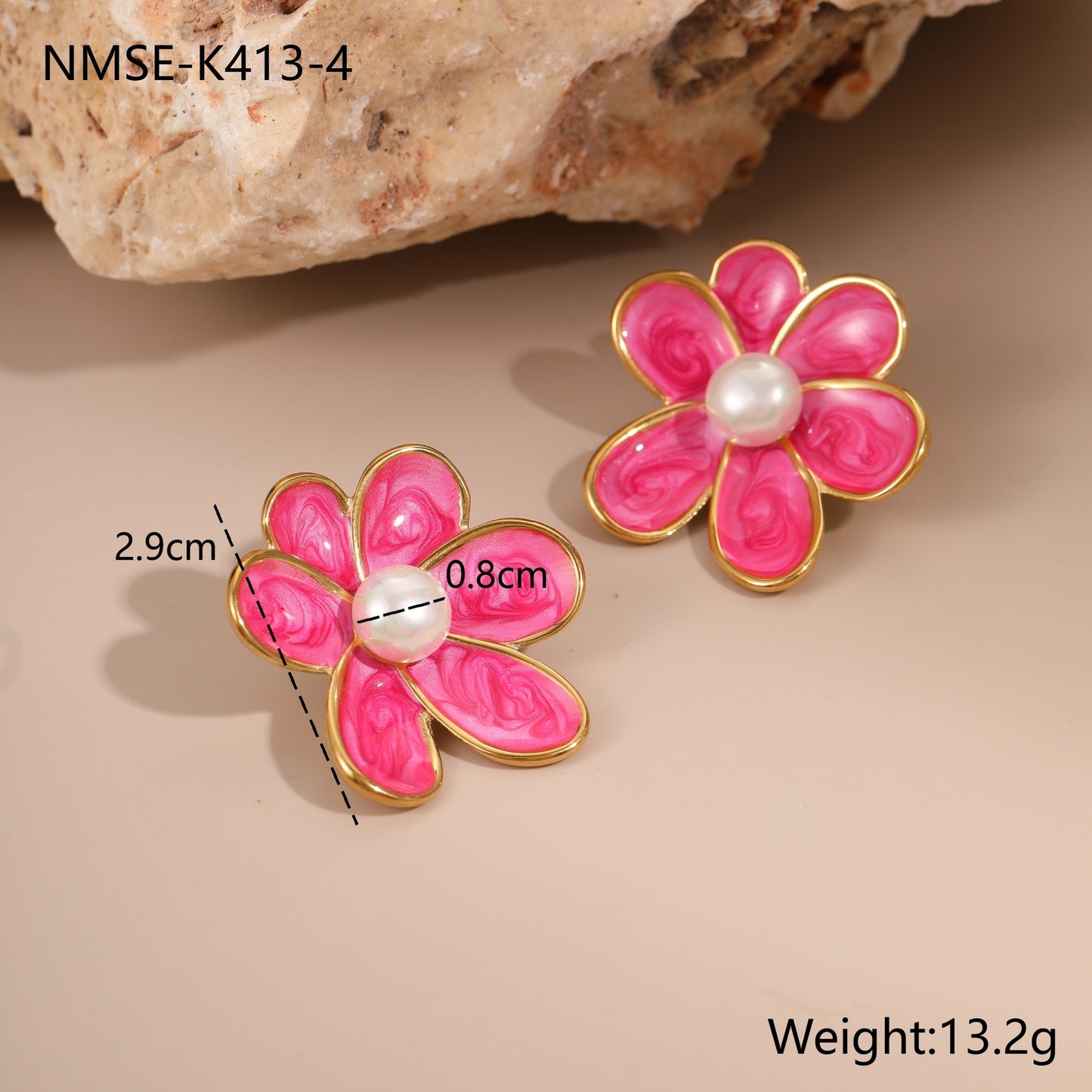 Vintage Floral Stainless Steel Earrings with Enamel Coloring and Pearl Inlay for Women