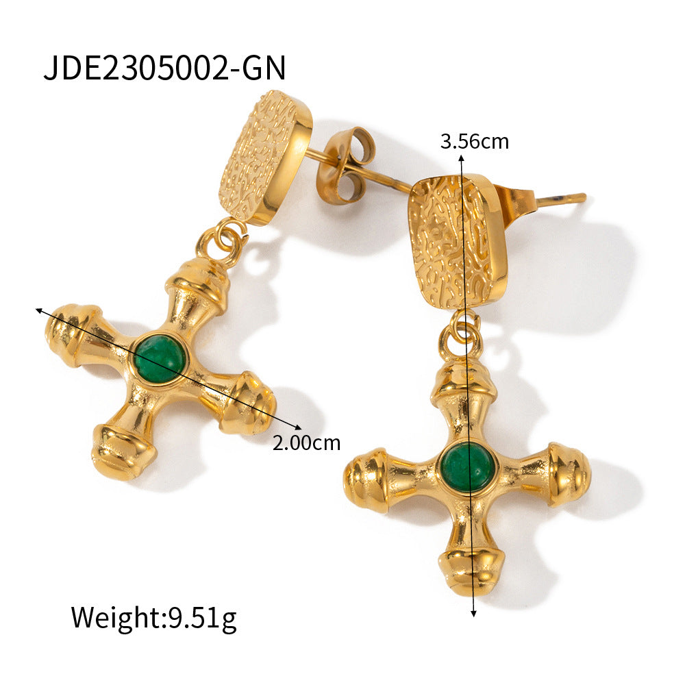 Fashion 18K Gold Plated Stainless Steel Cross Tiger Eye Stone Geometric Earrings for Women