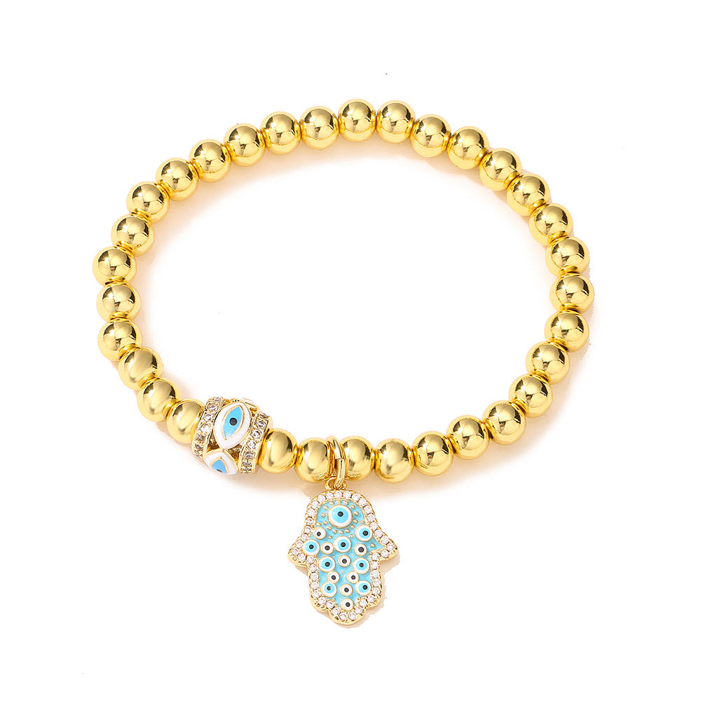 Minimalist Geometric Copper Hand of Fatima Evil Eye Charm Bracelet for Women