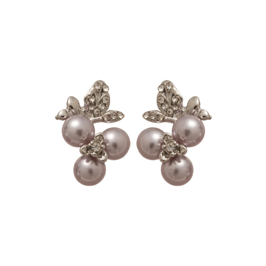 Orecchini a perno eleganti in stile francese con motivo floreale e perle, intarsio di strass per donne, lusso minimalista per l'uso quotidiano