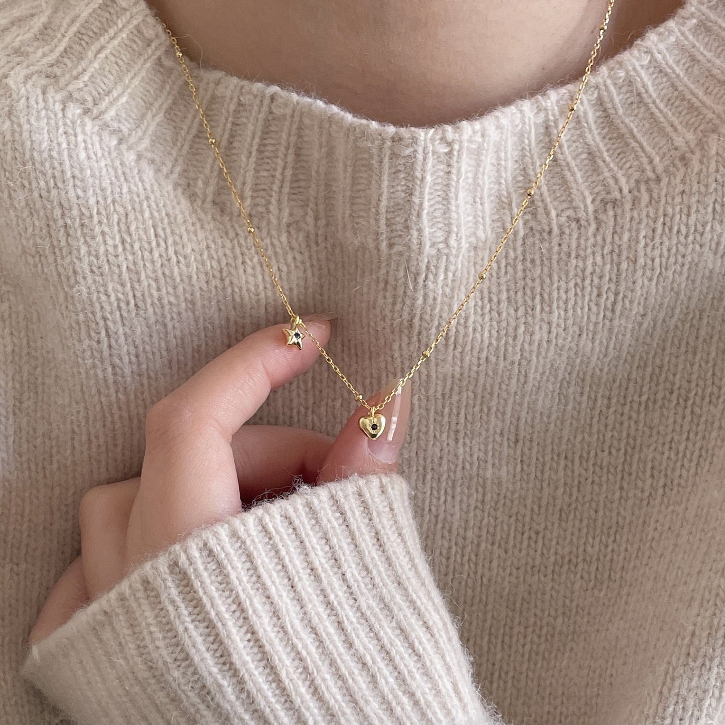 Minimalist Star and Heart Pendant Necklace in 925 Sterling Silver with Beaded Accent on Box Chain