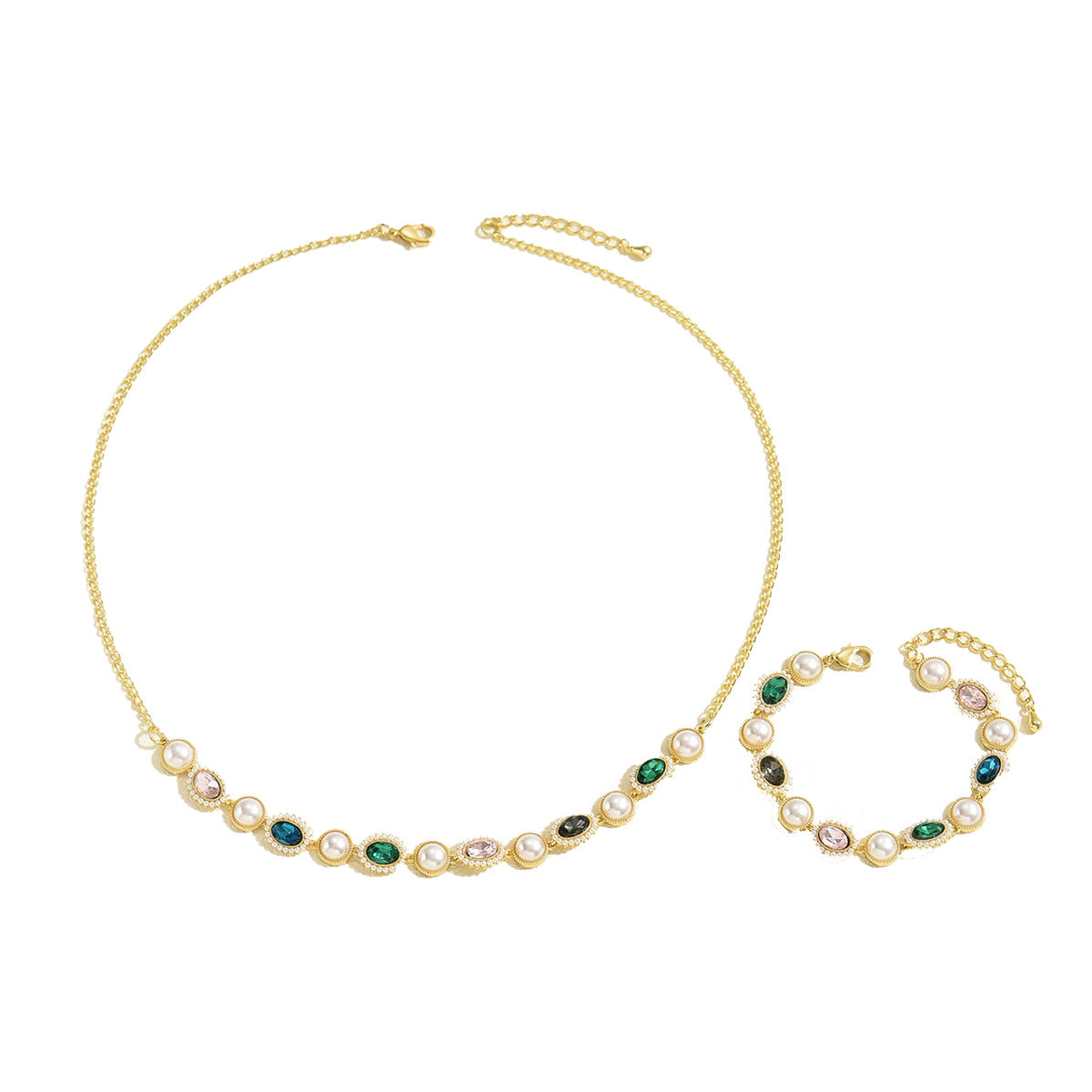 Juego de collar y pulsera de perlas geométricas para mujer, colgante de cobre con incrustaciones de diamantes de imitación, cadena chapada en oro de 18 quilates