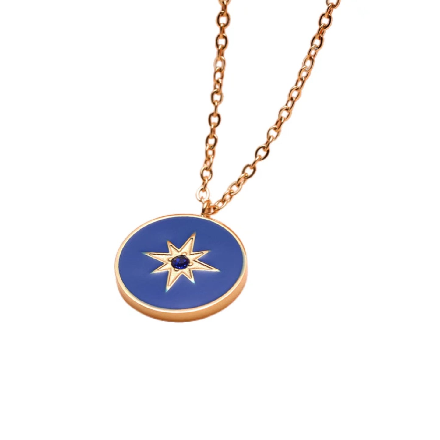 Minimalist Geometric Stainless Steel Sky Blue Eight-Pointed Star Rhinestone Pendant Necklace with Enamel Finish