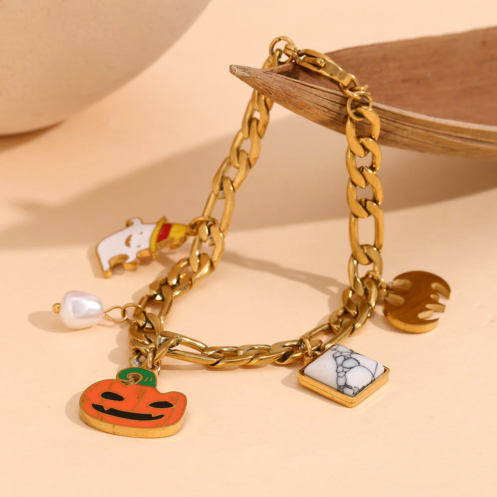 Bracciale Figaro da donna placcato oro 18 carati in acciaio inossidabile smaltato con teschio di zucca di Halloween alla moda