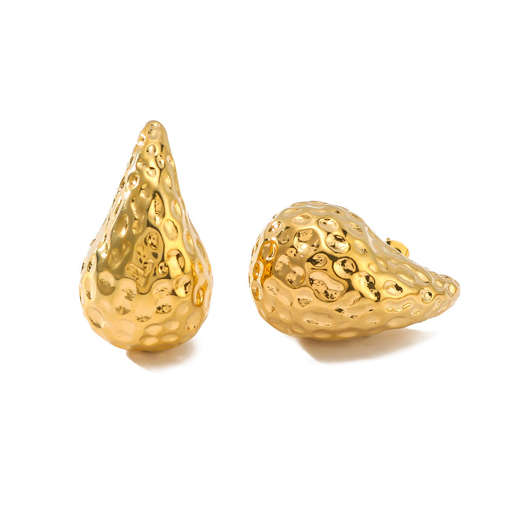 Vintage Stainless Steel Hammered Texture Hollow Drip-Shaped Earrings with 18K Gold Plating for Women