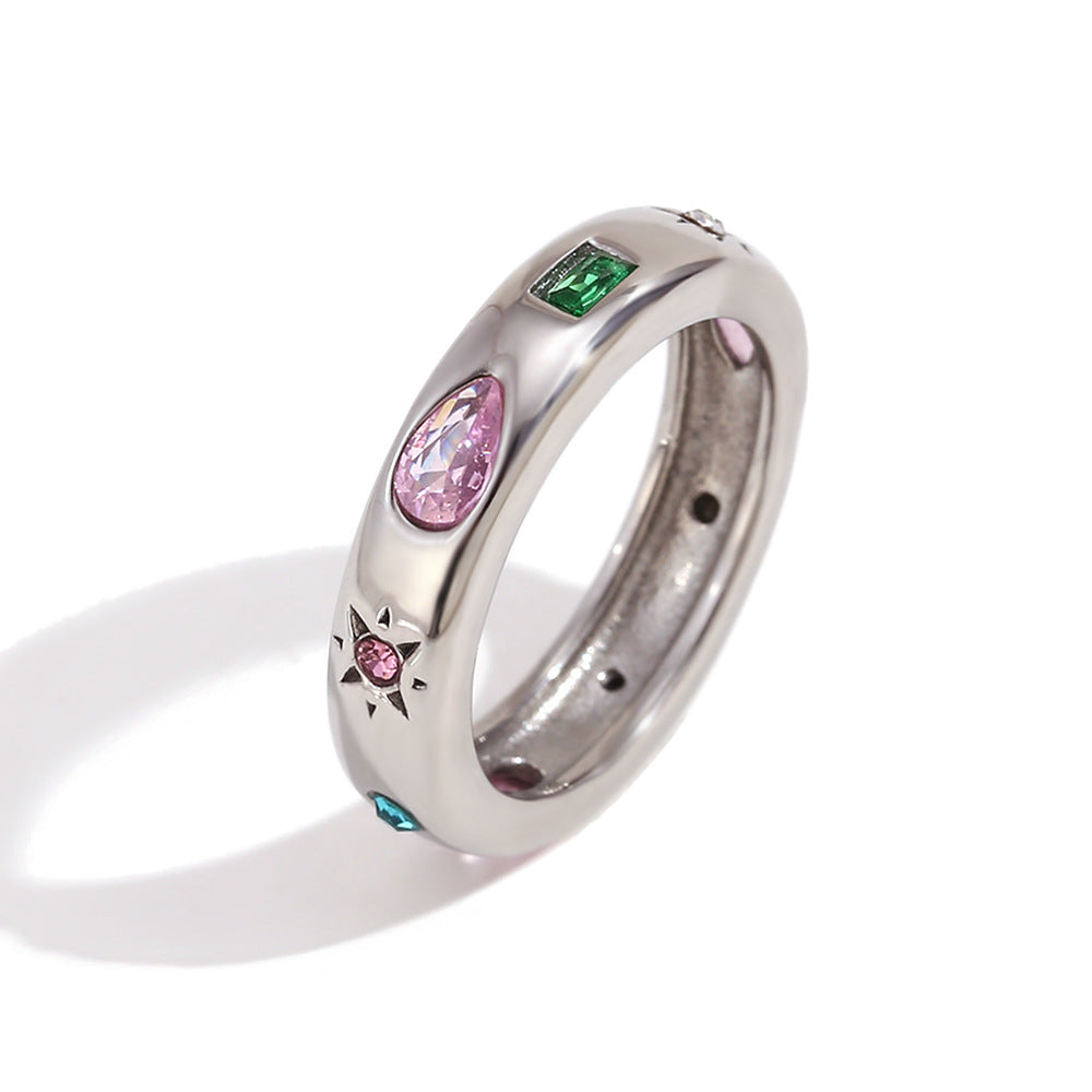 Anello minimalista in acciaio inossidabile con placcatura in oro 18 carati, fascia aperta a forma di stella, intarsi in zircone a goccia e rettangolari, design geometrico per donne