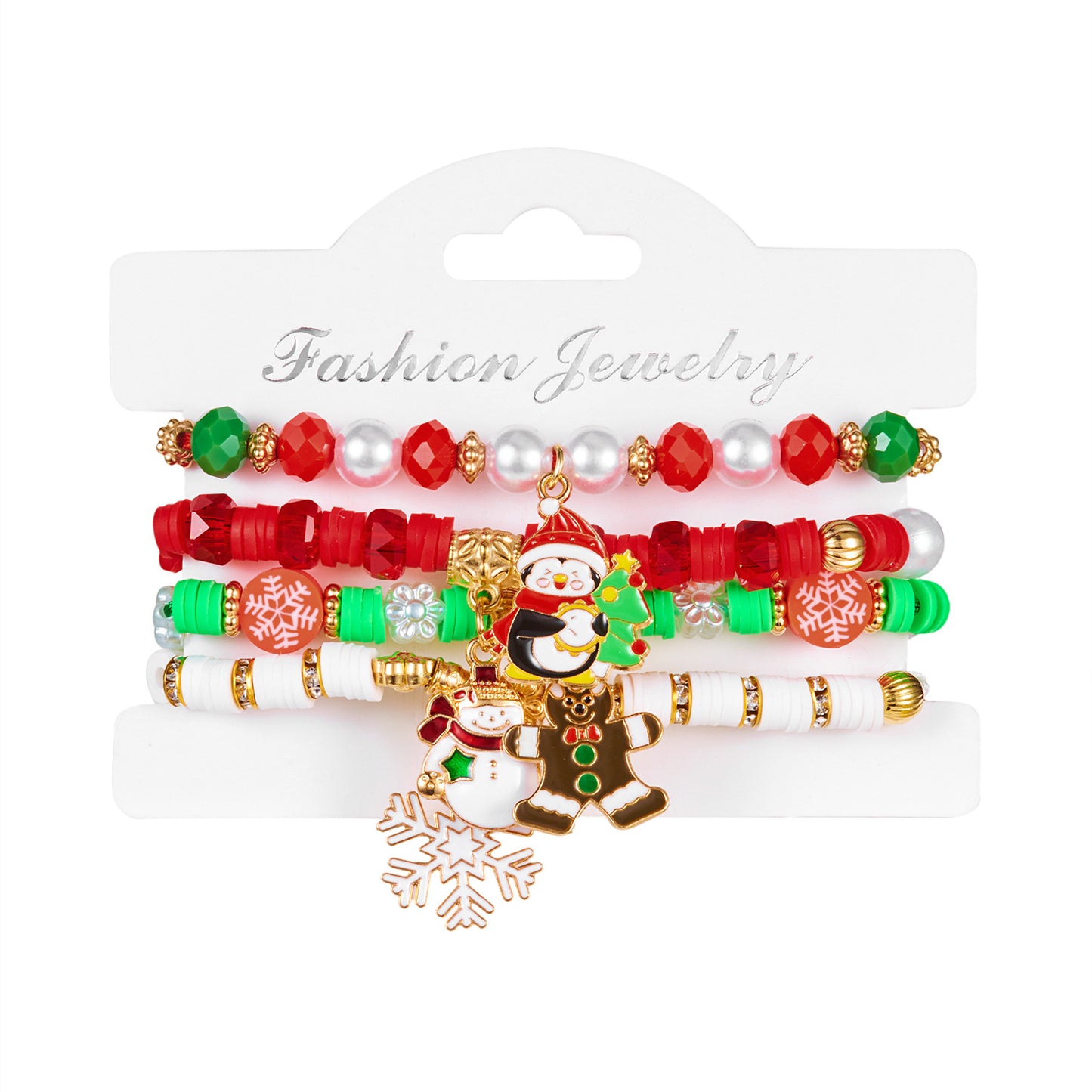 Juego de pulseras navideñas hechas a mano de arcilla polimérica para mujer, con dijes de Papá Noel, muñeco de nieve y renos en un festivo estilo navideño