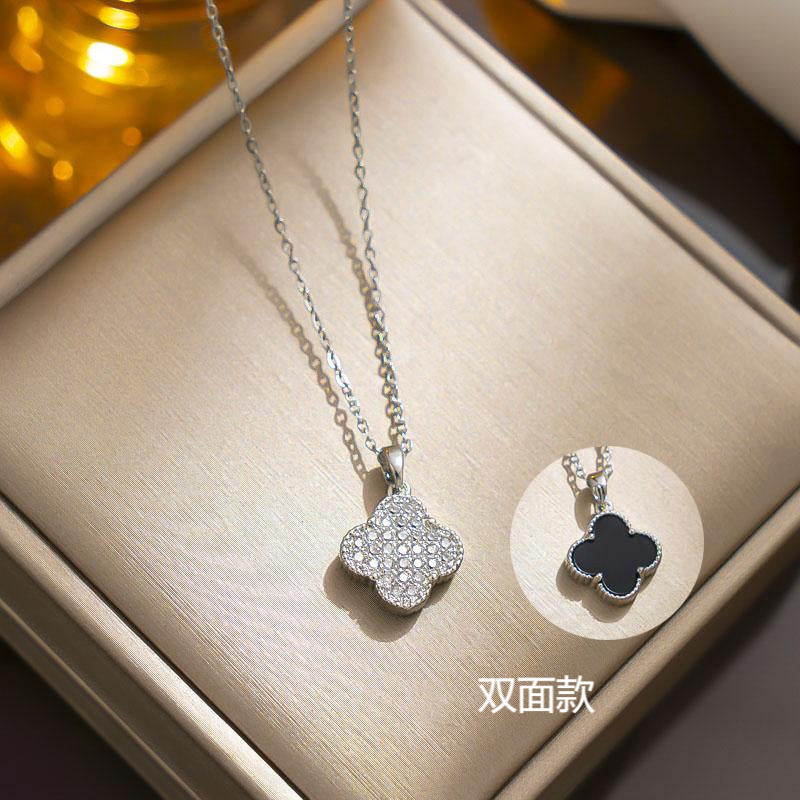 Minimalist Clover Pendant Necklace in Titanium Steel with Gold Plating and Rhinestone Inlay for Women