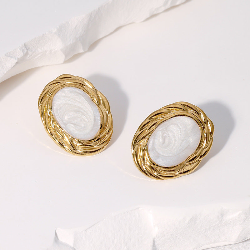 Vintage Minimalist Geometric Oval Earrings 18K Gold Plated Stainless Steel Studs for Women