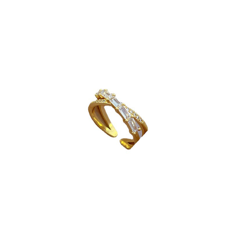 Minimalist Cold-Tone Open Ring with Gold-Plated Brass Band and Full Zircon Inlay for Women