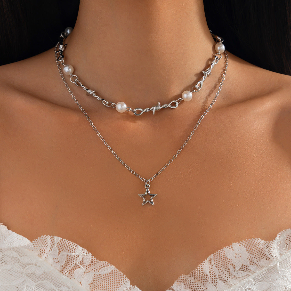Sweet and Edgy Heart Star Pendant Necklace with Tassels for Women Alloy Chain with Pearl-Like Beads
