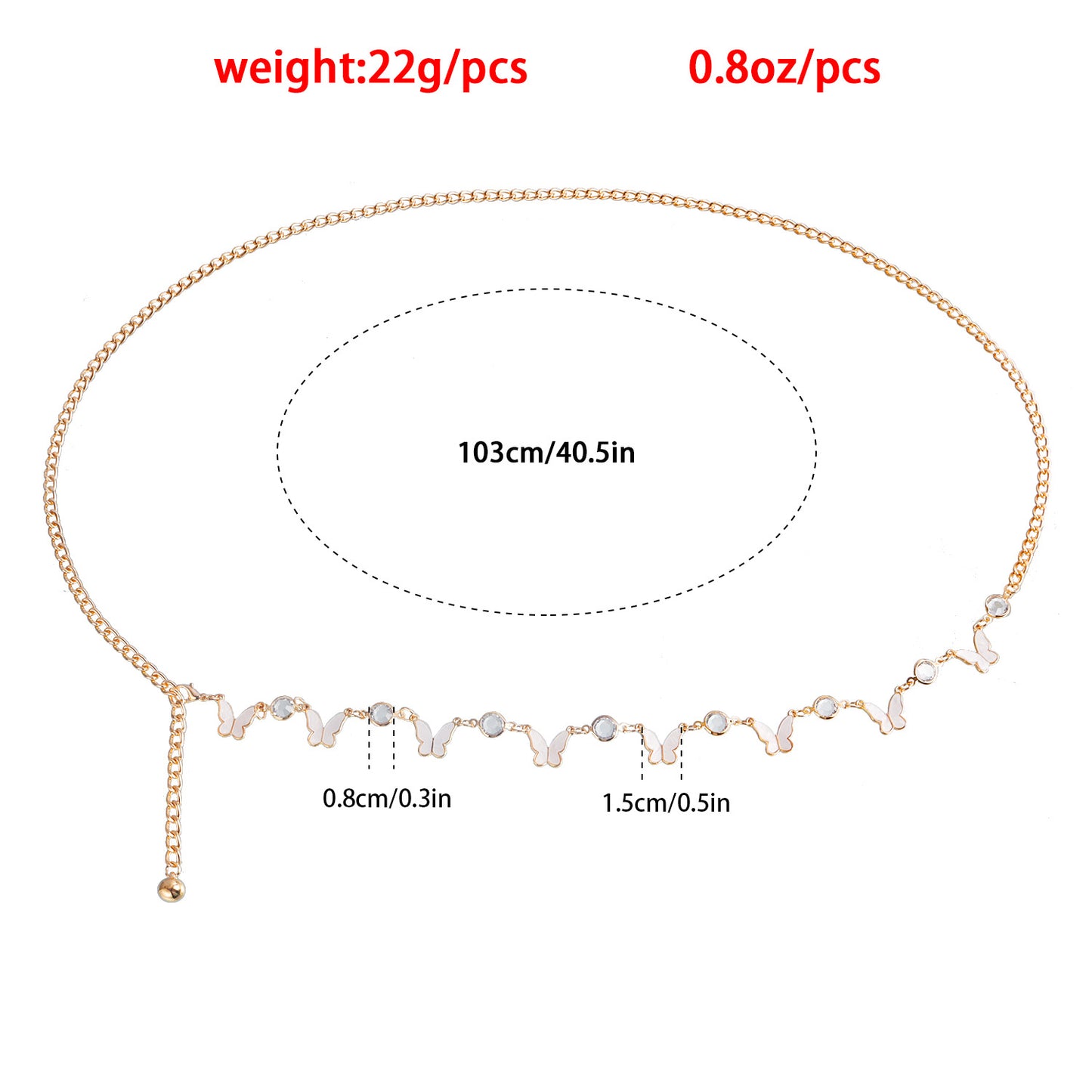 Punk Style Mother-of-Pearl Butterfly Pendant Rhinestone Waist Chain for Women Single Loop Metal Body Chain