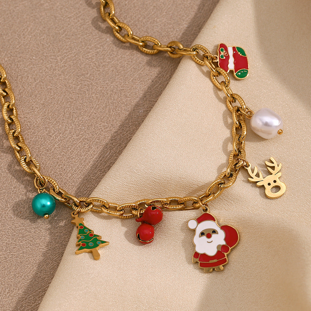Collana con Ciondolo a Cartone Animato alla Moda per Donne in Acciaio Inossidabile con Placcatura in Oro 18K, Catena a Forma di O Grande, Design a Campana di Cervo e Babbo Natale a Tema Natalizio